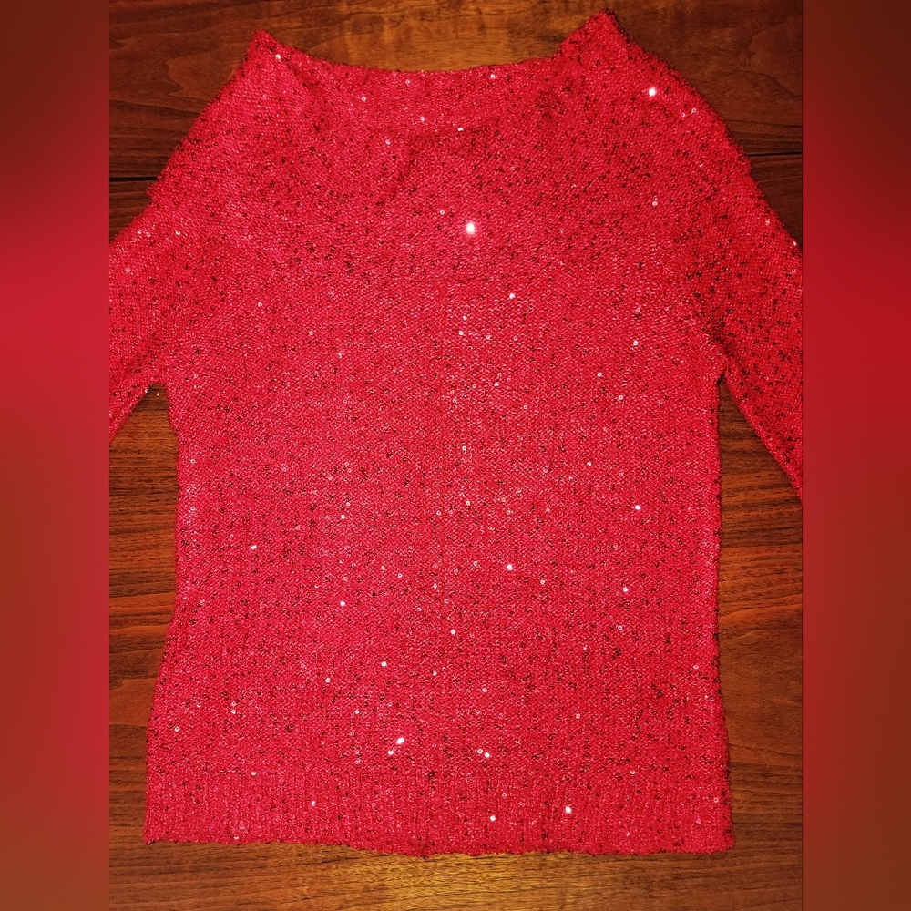 Madison Red Sequin Cowl Neck Sweater Small 3/4 Sleeves Pullover - Picture 5 of 16